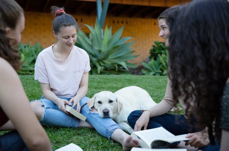 A group of four young adults sitting outside on the grass. There is a yellow labrador dog sitting with them and the dogs head is resting on one of the young adults legs.