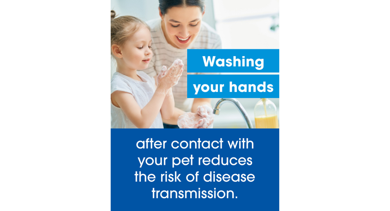 A blue poster featuring a mother and child washing their hands.