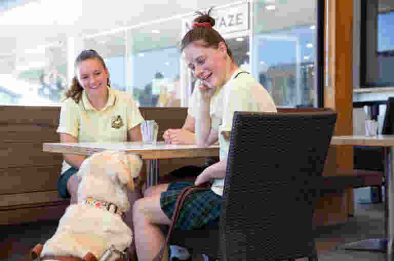 Three students sit at a cafe table with a Guide Dog