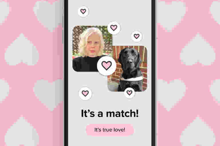 A phone showing the text "It's a match" with a picture of a person and their Guide Dog. Pink hearts surround them.