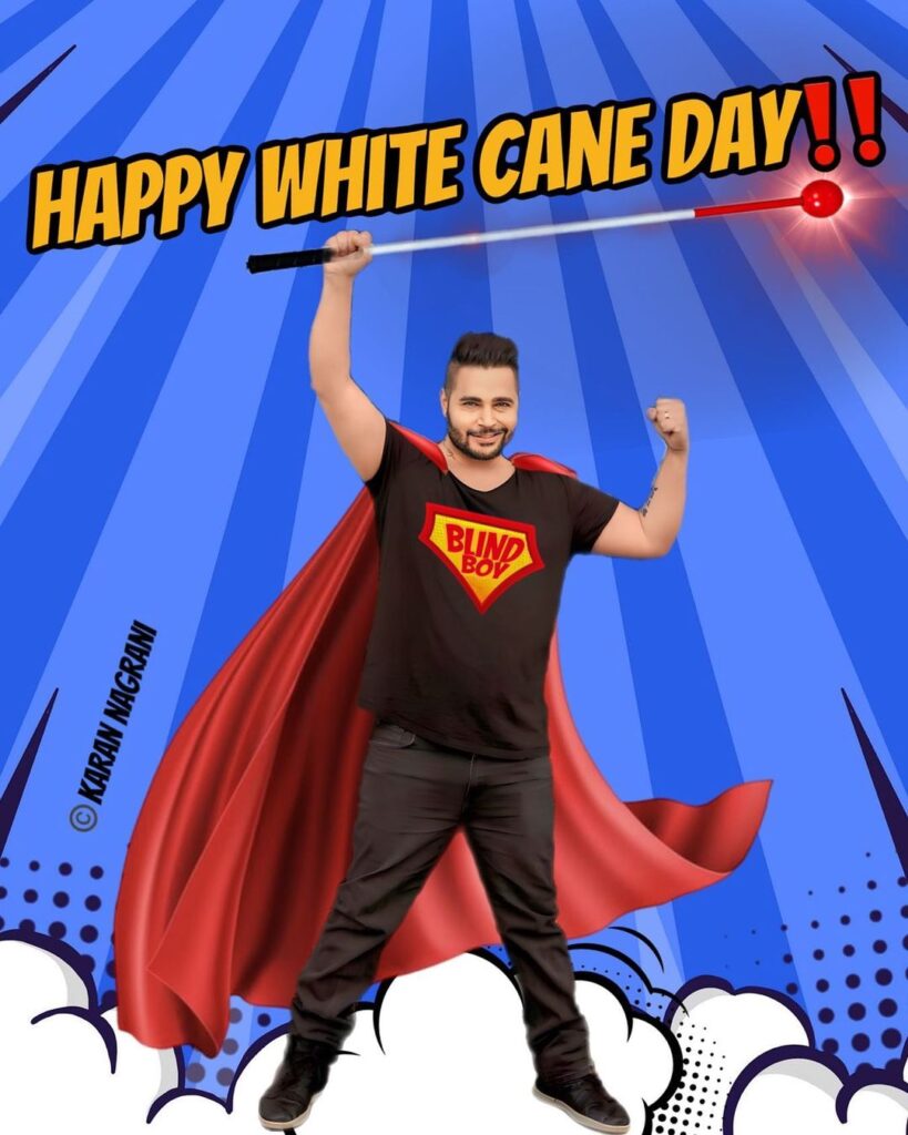 A photoshopped image of man wearing a cape and holding a white cane.