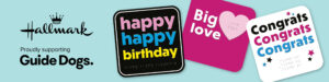 Hallmark and Guide Dogs banner showing birthday, big love and congrats cards.