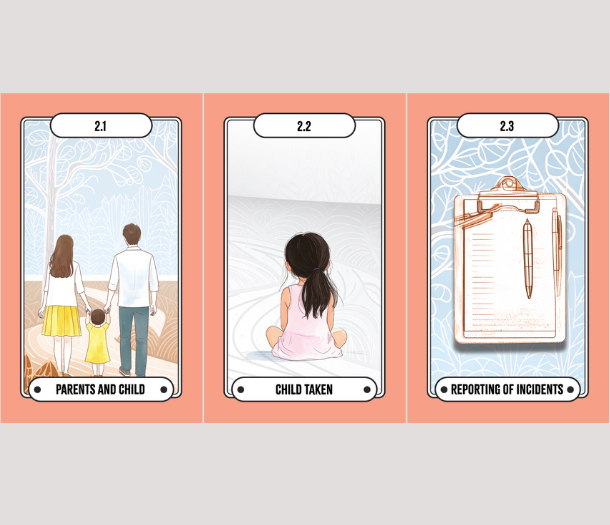 A series of three illustrated flight deck cards displayed side by side. The first shows parents and a child walking along an outdoor path. The second features a child sitting on the ground with “Child taken” at the bottom. The third shows a clipboard and pen with "Reporting of incidents" below.