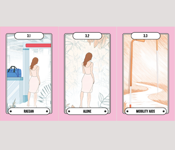 A series of three illustrated flight deck cards displayed side by side. The first shows Raegan at the airport. The second features Raegan with “Alone” at the bottom. The third shows two canes, with "Mobility aids" below.