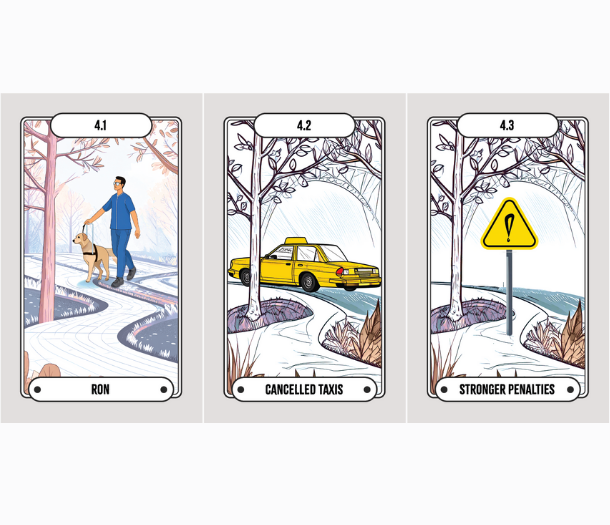 A series of three illustrated flight deck cards displayed side by side. The first shows Ron walking with his yellow Guide Dog in harness along a path outdoors. The second features a yellow taxi with “Cancelled taxis” at the bottom. The third shows a yellow sign with a black exclamation mark in the centre and "Stronger penalties" below.