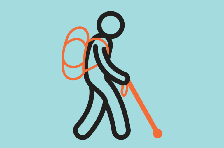 A blue rectangle which features an illustrated person walking with their cane, and wearing a backpack