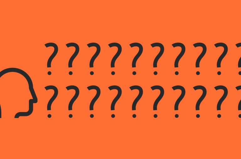 An orange rectangle which shows the outline of the side profile of a person's head with 20 question marks filling the space