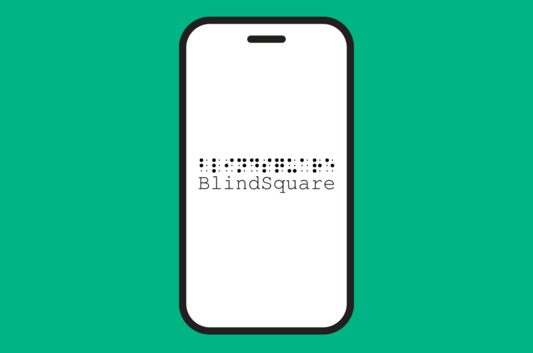 A green rectangle with an iphone in the centre. On the phone screen is the logo for Blindsquare