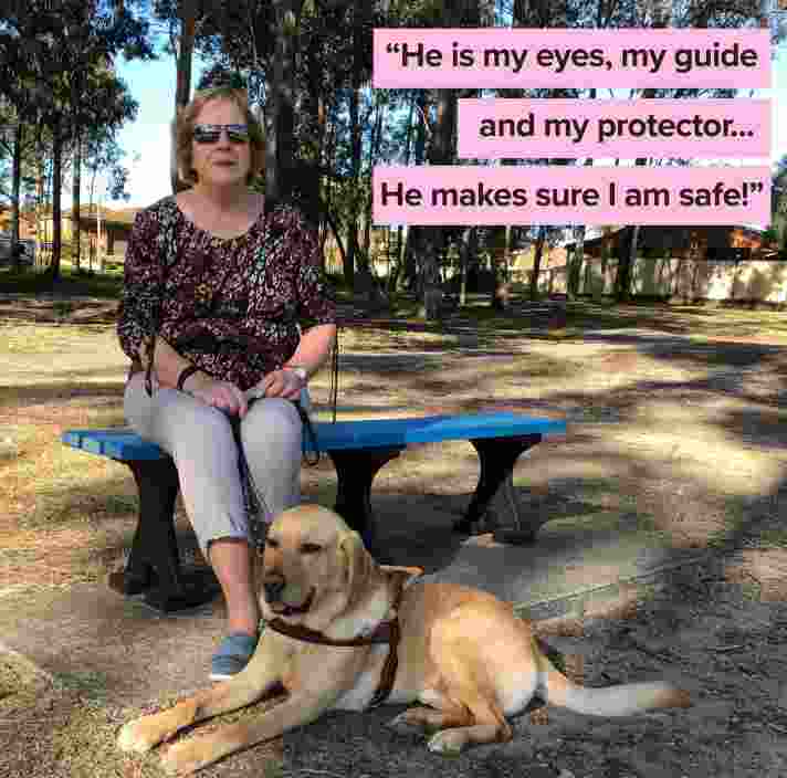 A person sitting on a park bench. Quote reads: "He is my eyes, my guide and my protector... He makes sure I am safe."