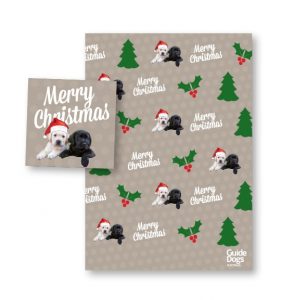 Guide Dogs branded Christmas wrap and tags.