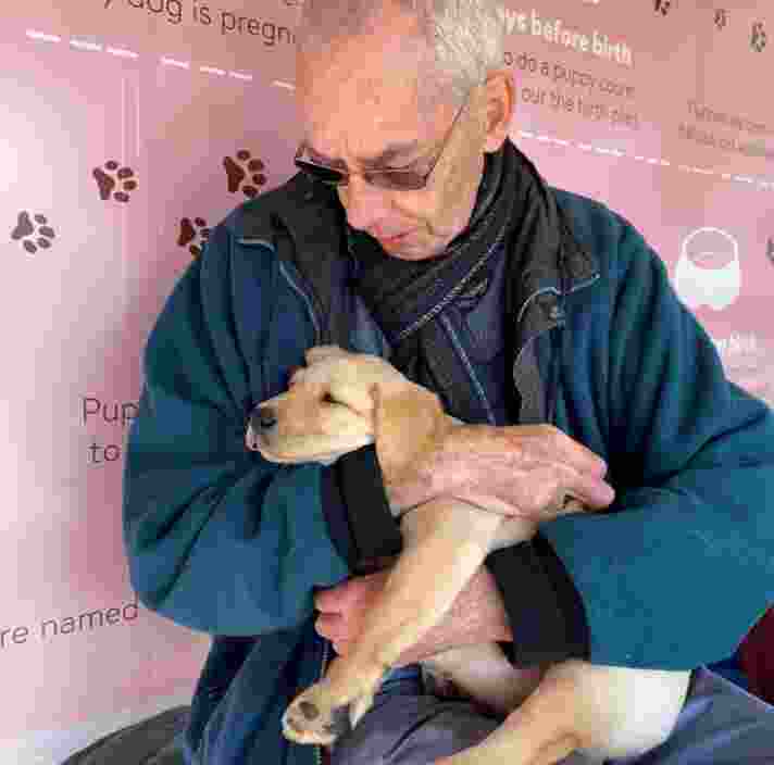 A man holding a yellow Labrador puppy.
