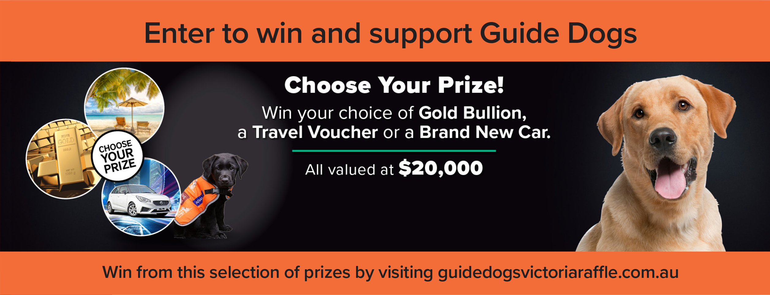 A banner with text reading "enter and win to support Guide Dogs" with a picture of a yellow Labrador and prizes of a holiday, gold bullion, and a car