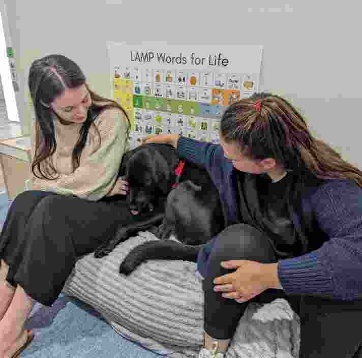 Nessie cuddling in between two people in a clinic.