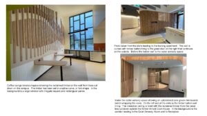 A collage of three photos showing the new Guide Dogs Victoria lounge space, corridors in the new office, and a cedar sensory space with a green microsuede bench wrapping the room.