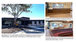 A collage of three photos showing the new Guide Dogs Victoria reception front entry and inside the bright reception. Wayfinding contrasting and tactile features line the vinyl floor while a banquette sofa lines the reception waiting area.