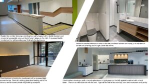 A collage of four photos showing a new residential corridor, residential bedroom and ensuite bathroom, and fully accessible kitchen for Clients staying at Guide Dogs Victoria.