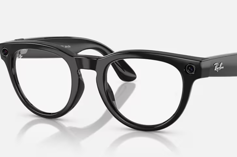 Meta Ray-Ban frames with the camera visible on the arm hinges.