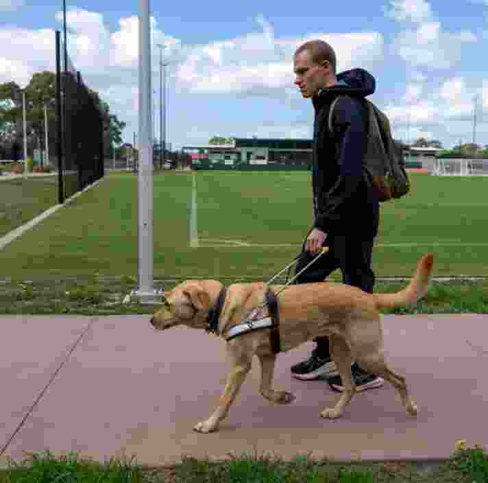 A man walking past an oval with his yellow Labrador Guide Dog in harness leading him.