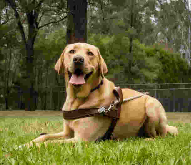 A yellow Labrador Guide Dog in harness with its tongue out, laying on the ground.