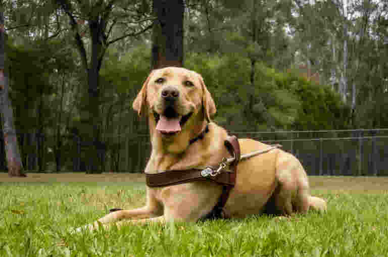 A yellow Labrador Guide Dog in harness with its tongue out, laying on the ground.