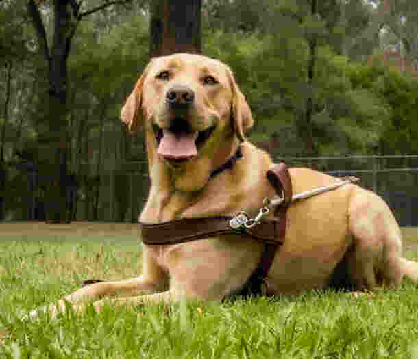 A yellow Labrador Guide Dog in harness with its tongue out, laying on the ground.