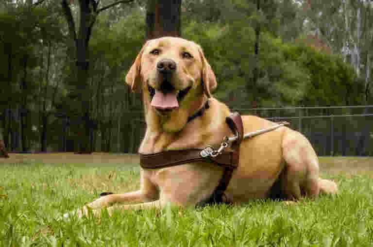 A yellow Labrador Guide Dog in harness with its tongue out, laying on the ground.