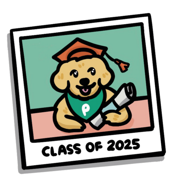 Illustration of guide dog pup holding a paper scroll and wearing a graduation cap. Text reads: Class of 2025