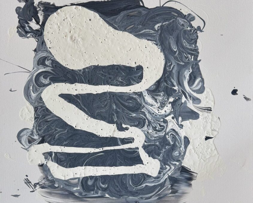 Abstract painting with a swirling white line looping across a textured dark blue background, creating a sense of movement and depth.