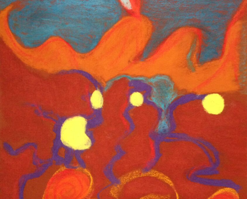 Abstract painting with red and white fish-like shapes on a blue background, transitioning into orange and yellow waves, and a red lower section with yellow circles, blue squiggles, and bright yellow dots.