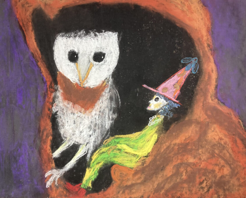 A whimsical painting of a figure in a bright green outfit and pink pointed hat sitting inside an orange cave, interacting with a white bird-like creature with red feet. The background features dark tones with purple and orange hues framing the cave entrance.