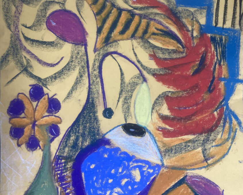 Abstract painting with colorful shapes, including a blue vase-like form, red curved elements, and a purple flower on a patterned background.