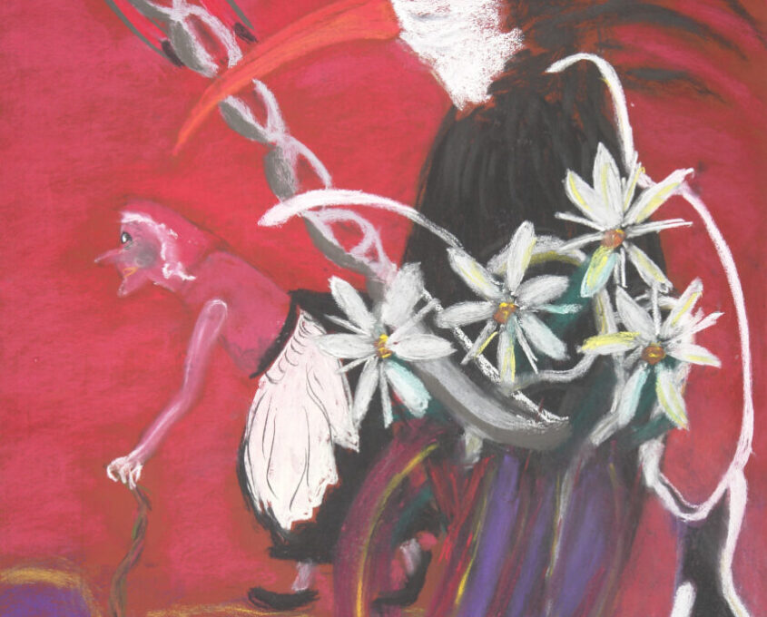 Surreal painting of a black-feathered bird with an orange beak and white flowers, beside an elderly figure with a cane, set against a red and purple background.