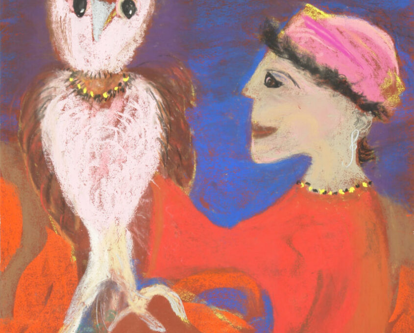 ChatGPT said: A colorful painting of a person in red with a pink headscarf holding a large owl, both adorned with jewelry, set against a deep blue background.