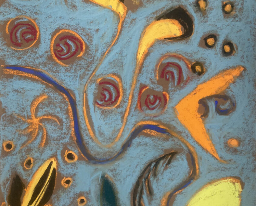 An abstract painting with a blue background, featuring swirling patterns and organic shapes in yellow, orange, red, black, and green, resembling flowers and curved lines.