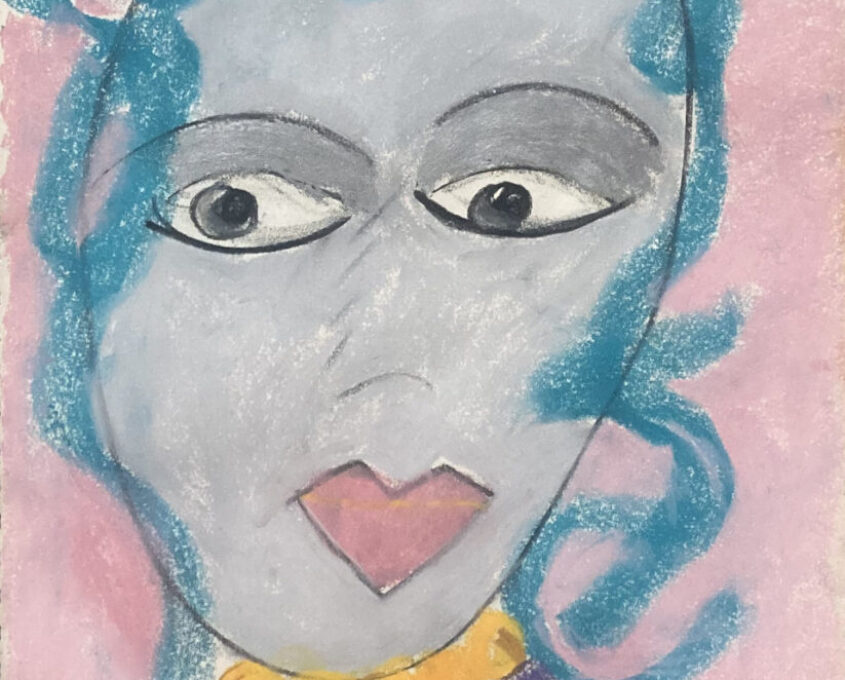 An abstract painting of a face, with blue and teal strokes resembling hair, yellow necklace and purple shirt, all set against a pink background.