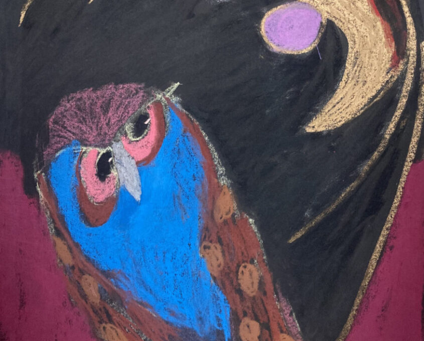A colorful painting of an owl with a blue body, brown wings, and a pink head, perched against a dark background with a golden crescent moon and a purple circle in the sky. The foreground is deep magenta.