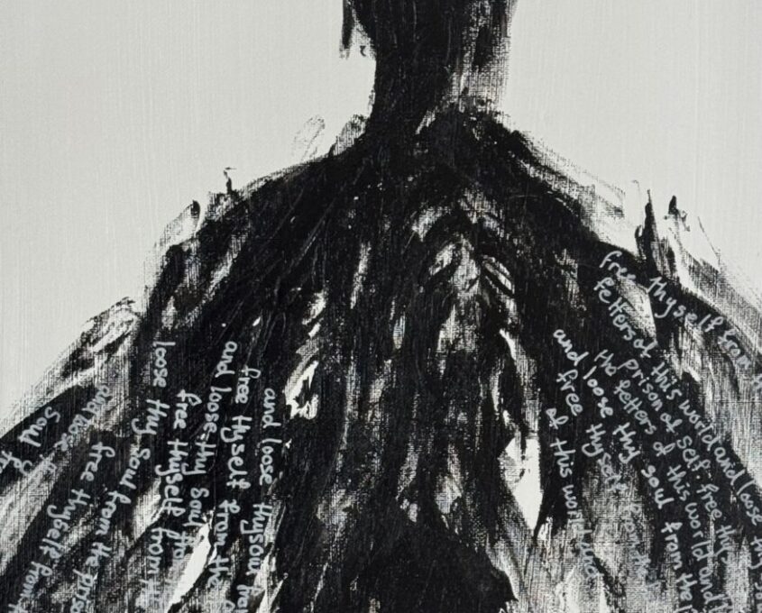 Monochromatic painting of a black silhouetted winged figure on a white background, with handwritten white text on the wings.