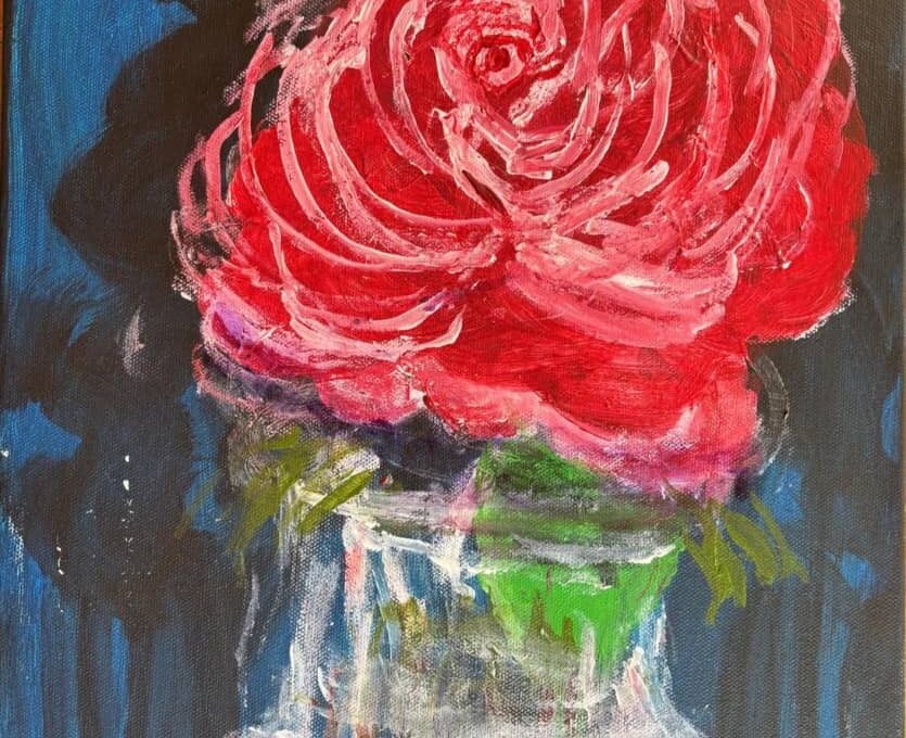 Painting of a vibrant red rose in full bloom in a clear glass vase, set against a dark blue and black background.