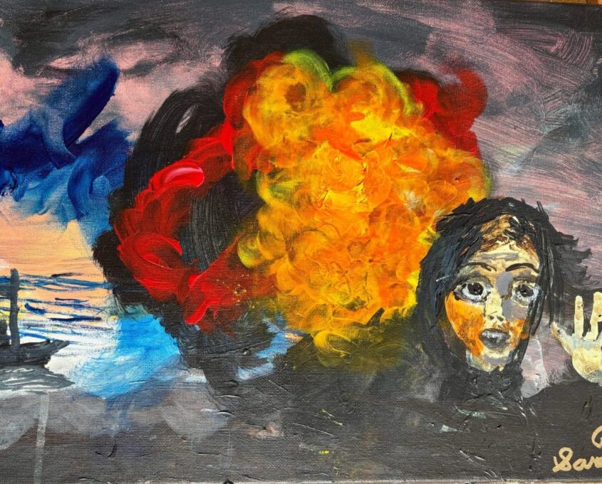 Dramatic painting of a fiery explosion in red, orange, and yellow at the center, with a serene blue and pink sky and small boat on the left, and an obscured figure with an outstretched hand on the right.