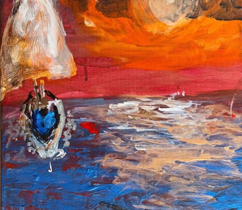 Painting of a sailboat with white sails on a vibrant blue sea under a dramatic sky transitioning from orange to dark brown, with a large circular sun or moon partially hidden by clouds.
