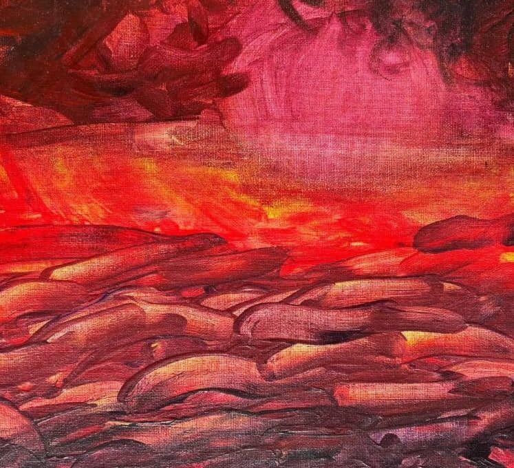 Painting with read pink and dark grey strokes building up to a smoky sky.