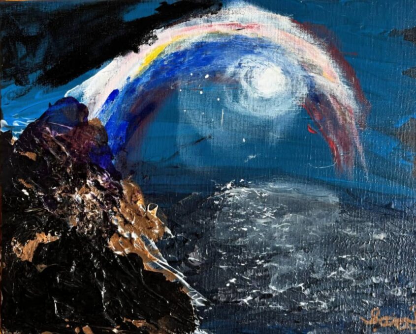 Painting of a rocky coastline at night with a bright moon, illuminated ocean waves, and a rainbow-like arc of colors across the dark sky.