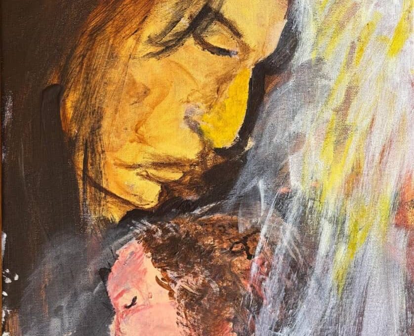 Close-up painting of a person's face with closed eyes, using warm tones of yellow, orange, and red. A small baby nustled under the person's neck. Set against a background of abstract white and yellow brushstrokes.