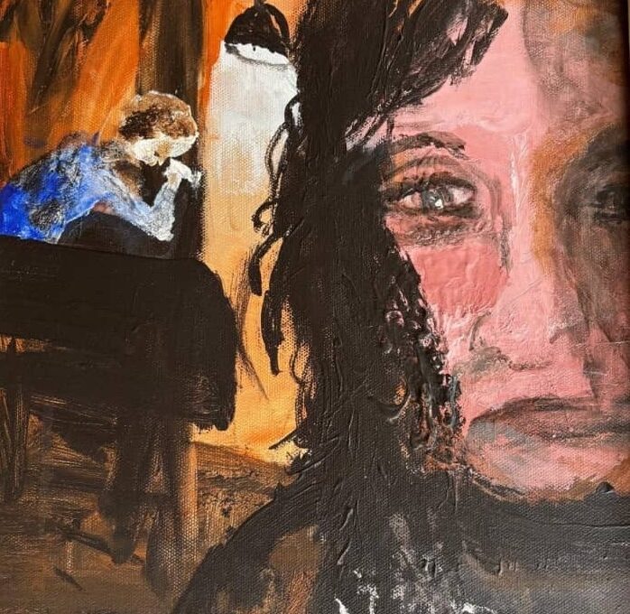 Painting of a sullen looking face up close on the right, in the background to the left a person sits with their head in their hands illuminated by an overhead light.