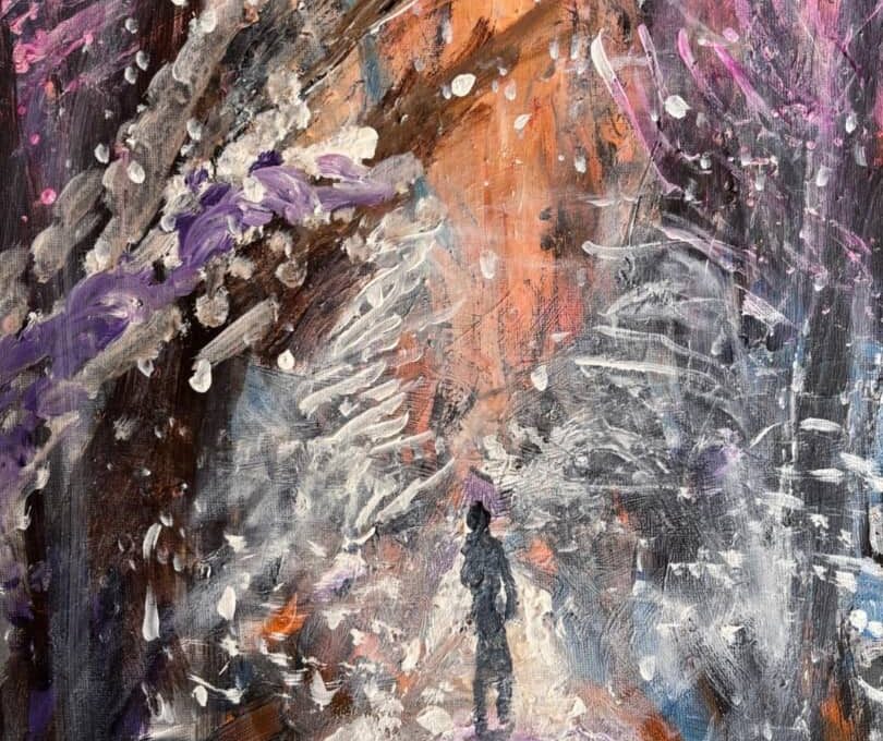 A person walks through a vibrant abstract forest with dynamic purple, orange, and white brushstrokes, surrounded by trees and light-reflecting branches.