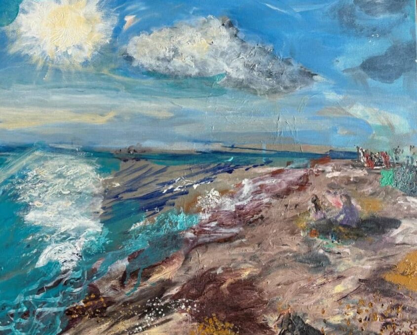 Vibrant coastal painting with a bright sun, blue sky, crashing ocean waves, and a textured rocky shore with hints of greenery.