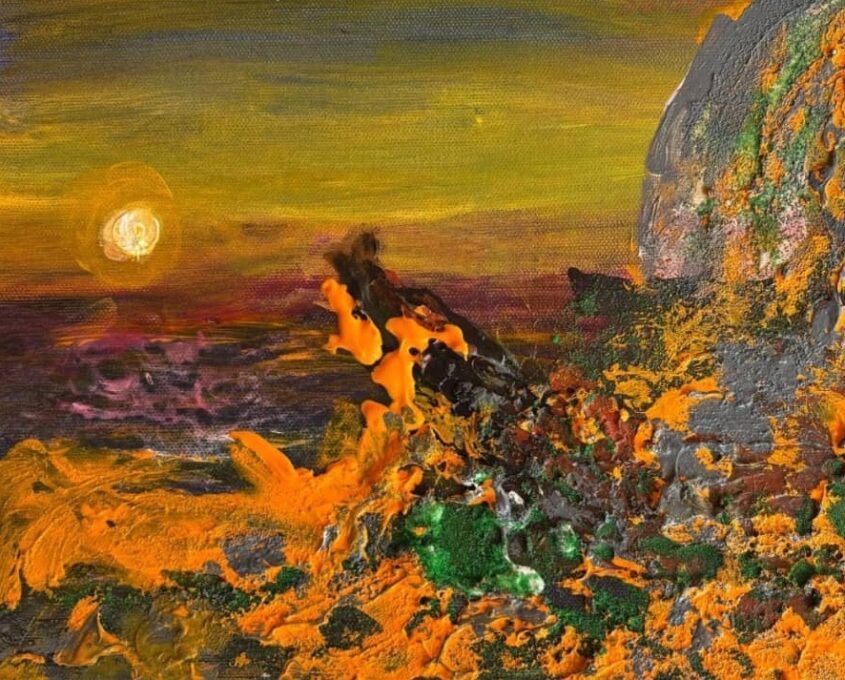 Abstract painting of a vibrant sunset with a glowing sun over a rocky landscape, featuring bold shades of yellow, orange, purple, and textured rocks in orange, green, and gray.
