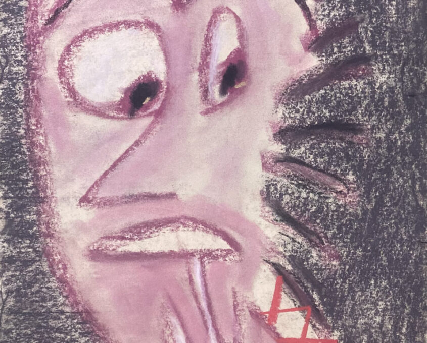 Abstract painting of a pink coloured face looking shocked surrounded by a grey backdrop.