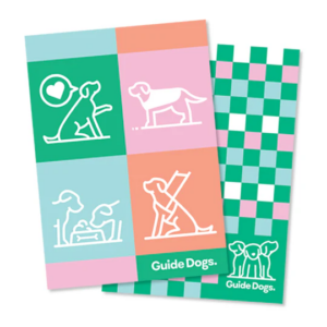 Two colourful green, orange, blue pink and white tea towels featuring checkered patterns and icons of Guide Dogs with the Guide Dogs logo.