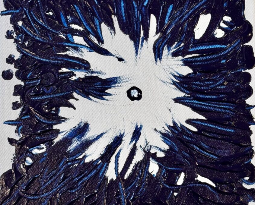 Abstract painting with a central white area and textured dark blue and black brushstrokes radiating outward in a starburst-like pattern.